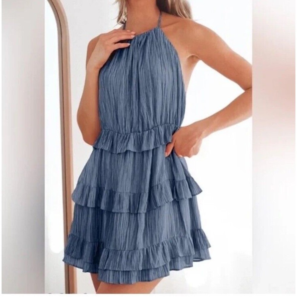 Lulus Downright Darling Light Blue Ruffled Halter Mini Dress Size Medium Tiered